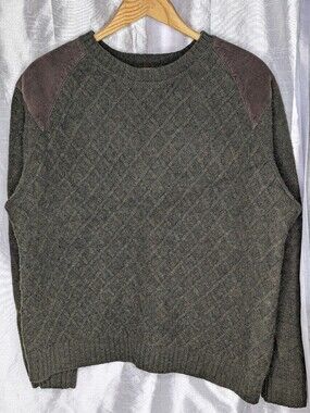 Telluride Clothing Company Sweater Mens  100% Wool Green/Brown Shoulder Pad